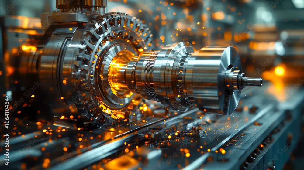Poster close-up of lathe machine in action, emitting sparks during precision machining in a modern industri