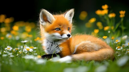 Naklejka premium Small fox in field with yellow-white flowers