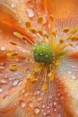 This image shows a vibrant close-up of an orange flower's central part covered in dewdrops, highlighting its vivid green stigma and delicate yellow stamens with orange petals.