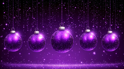 Obraz premium Five purple glittery ornaments hang in a row amidst sparkling lights. Concept winter festive decoration.