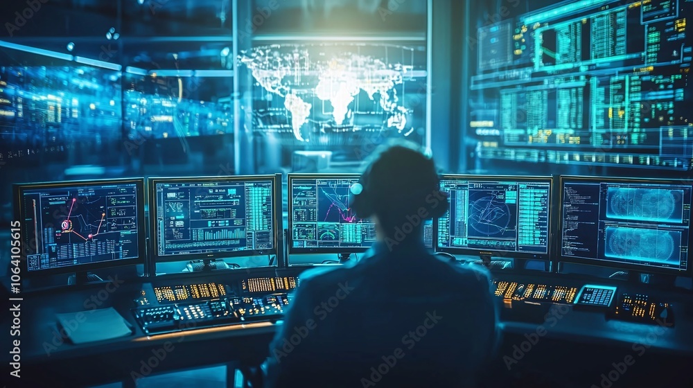 Poster Explore the high-tech flight control center featuring advanced technology and multiple display screens for enhanced aviation management