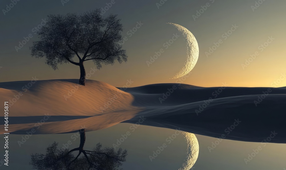 Poster a crescent moon and a tree on a dune with their reflection in a small, calm pond.