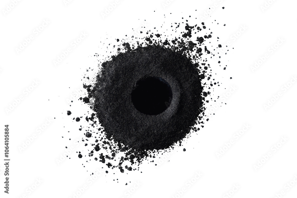 Poster Black speck in circle shape with hole, isolated on white. Dark form stands out against lighter background. Gray circle blends with surrounding space. Two shapes at different angles create depth,