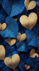 Obraz premium Heart-shaped leaves with dewdrops present an enchanting aesthetic, blending vibrant blue and golden hues into a captivating visual that highlights nature's appeal and artistic charm.