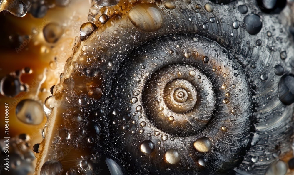 Poster a detailed and focused close-up image of a snail shell covered in small water droplets