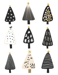 Set of minimalist Christmas trees in unique shapes, black, white, beige and yellow color palette, vector illustration