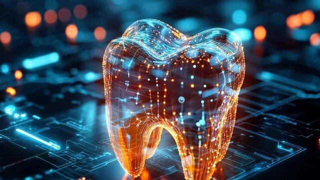 An intricately designed digital tooth with glowing elements, representing modern technology mingled with dental health, on a backdrop of digital patterns.