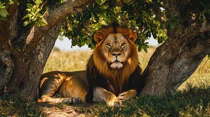 A majestic lion lounging under the shade a tree