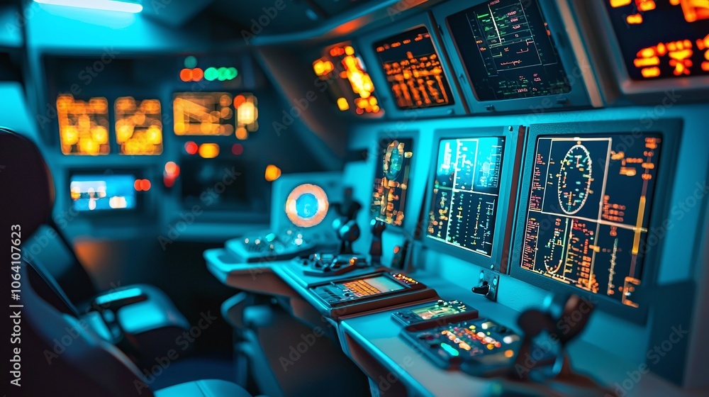 Poster Explore the advanced features of a high-tech flight control room filled with glowing monitors and controls