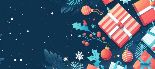 Fototapeta premium Stylish Holiday Promotion Banner with Wrapped Gifts and Ornaments for Seasonal Marketing Designs