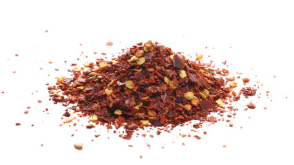 Spicy chili red pepper flakes, chopped, milled dry paprika pile isolated on white, side view	