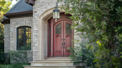Elegant entrance featuring a pair of rich wooden double doors with decorative glass, framed by stone architecture and lush greenery, creating a welcoming home ambiance.