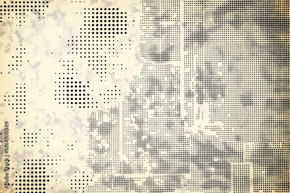 Poster Digital illustration featuring monochromatic color scheme with flat gray canvas. Background pattern of small dots adds depth, texture. Central square outlined in black, smaller square outlined in