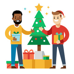 Two guys are decorating a Christmas tree with toys and smiling. Vector illustration in minimalistic style