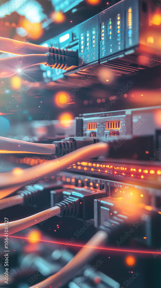 Poster busy server room with lan cables in motion, showcasing vibrant lights and connections. dynamic scene