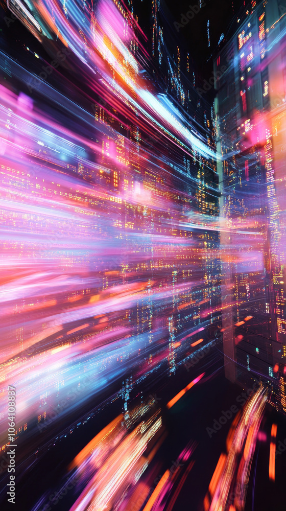 Poster dynamic abstract representation of busy server room with vibrant lan cables in motion, showcasing bl