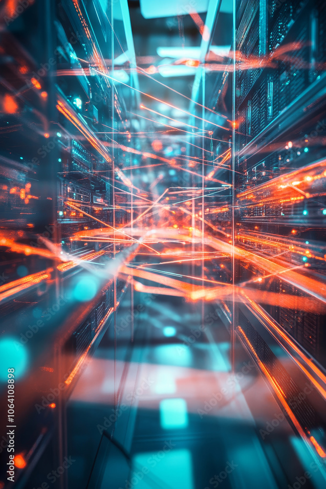 Aufkleber high tech server room with glowing lan cables and data flow. vibrant colors create dynamic atmospher