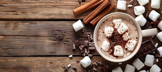 Rustic Hot Chocolate with Marshmallows and Cinnamon Sticks on Wooden Table - Cozy Winter Beverage