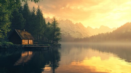 Fototapeta premium A small wooden cabin sits on the edge of a lake with a mountain range in the background. The water is still and reflects the golden light of the sunset.