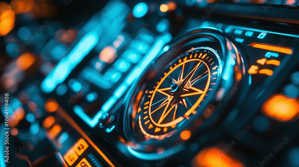 Poster Explore the intricate design of a modern navigation compass in a cockpit setting for enhanced aviation experience