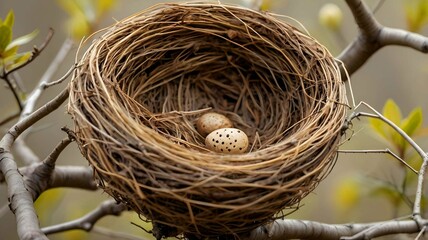 An empty bird&rsquo;s nest in a tree in early spring. Biodiversity loss and habitat destruction concept.