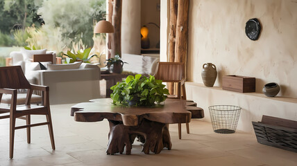 Modern living room with rustic wooden furniture, a stylish coffee table, and green plants, featuring natural light and a cozy, inviting atmosphere.