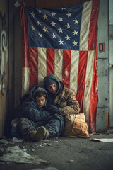 A man and a child are sitting on the ground in front of an American flag