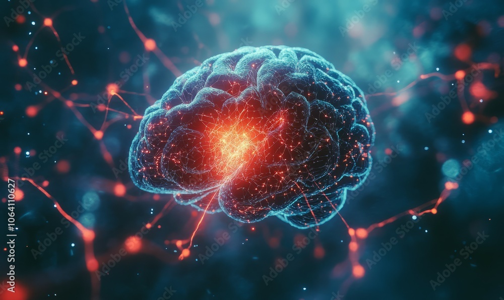 Poster a futuristic image with a close-up of a human brain showing visible neurons firing, surrounded by a 
