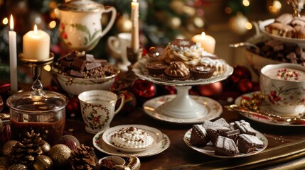 Fototapeta premium Elegant Holiday Dinner Table with Hot Chocolate Bar and Festive Decorations