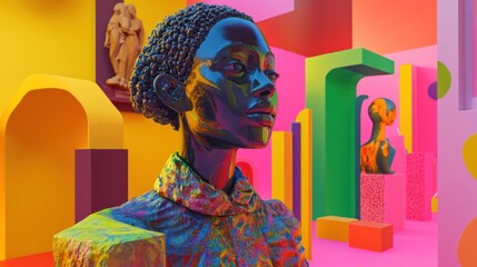 Fototapeta premium A black woman's bust with a colorful textured shirt in a vibrant abstract room with geometric shapes.