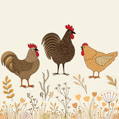  Floral pattern with three cute cartoon chickens  on white background
