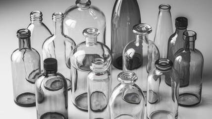 Assorted clear glass and plastic bottles on neutral background, various shapes