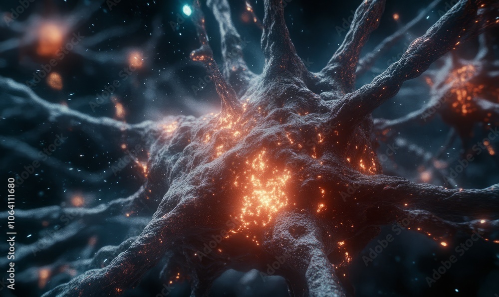 Poster a highly detailed shot of a neuron's nucleus with intricate structures visible, surrounded by glowin