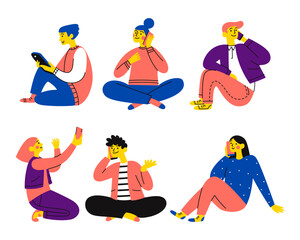 Set of abstract people, calling a friend or family, communication via smartphones and gadgets. Vector flat illustration