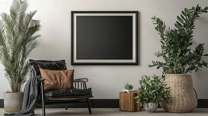  A cozy living space featuring a comfortable armchair, lush greenery in potted plants, and a beautifully framed photo gracing the wall above