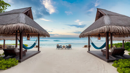 Fototapeta premium Tropical beach view with two thatched-roof cabanas, hammocks, and sun loungers overlooking calm waters and a serene sky, perfect for relaxation and getaway dreams.
