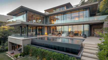 Fototapeta premium Modern luxury home with expansive glass windows, sleek design, and an inviting outdoor pool surrounded by greenery, set against a stunning mountain backdrop at sunset.
