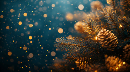 Christmas tree adorned with golden lights against a dark blue background, with glowing particles and a bokeh effect. 