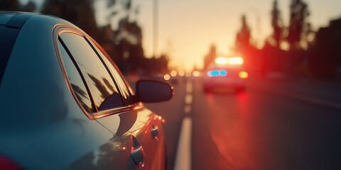 A police car with lights passing another car at speed during a summer sunset 