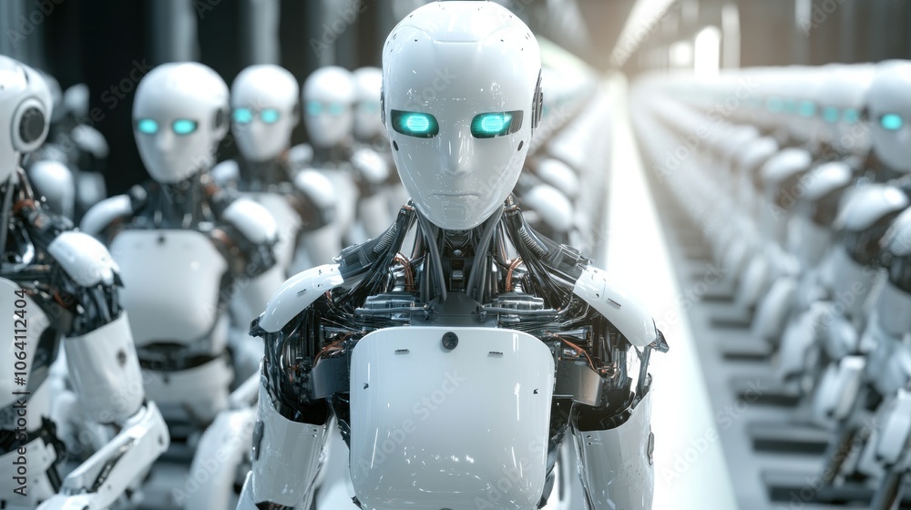 Poster row of futuristic ai robots, advanced technology and innovation concept. android army in factory, dy