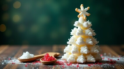 Festive holiday pastry tree with snowflake decoration on wooden table