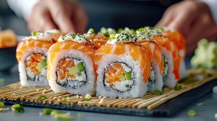 Close-up of chef's hands preparing a plate of salmon sushi rolls.