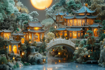 Fototapeta premium A miniature village with traditional Chinese architecture, illuminated by lanterns and surrounded by a serene landscape