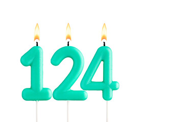 Green birthday candle on white background - Candle number 124