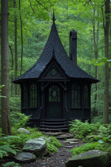 Fototapeta premium A black cabin with a pointed roof, surrounded by a forest