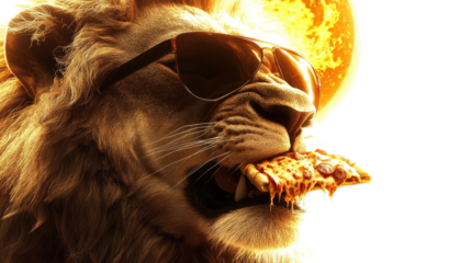 Cool Lion Enjoying a Pizza Slice Under the Bright Sun Generative AI