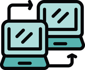 This color icon illustrates the concept of data transfer between two laptops