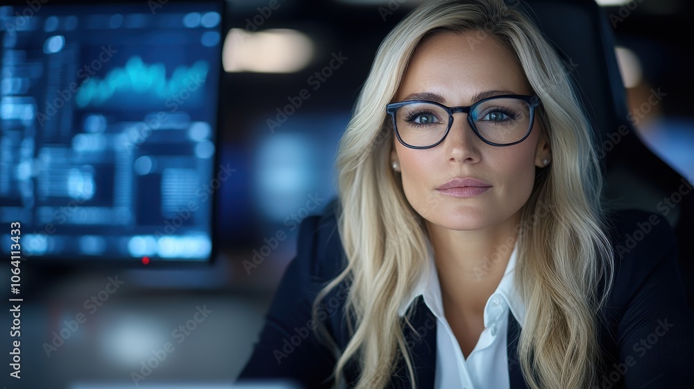 Aufkleber a professional woman wearing glasses is intensely focused on financial data displayed on a computer 