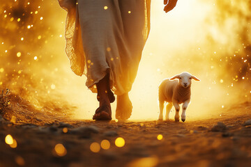 Jesus Christ Walking with One Lost Lamb