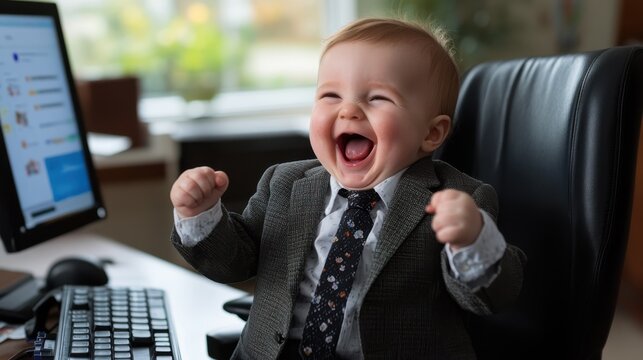 Fototapeta A delightful baby dressed in a smart suit joyfully laughing while sitting at an office desk, expressing pure happiness and playfulness in a professional setting.